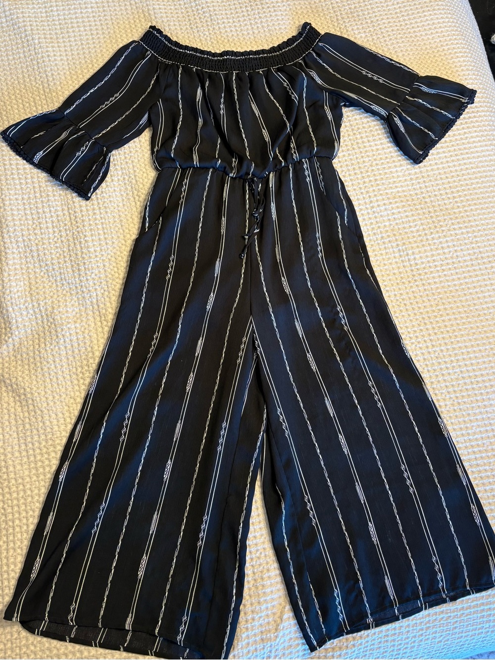 AUW Black Off-Shoulder Striped Wide-Leg Jumpsuit